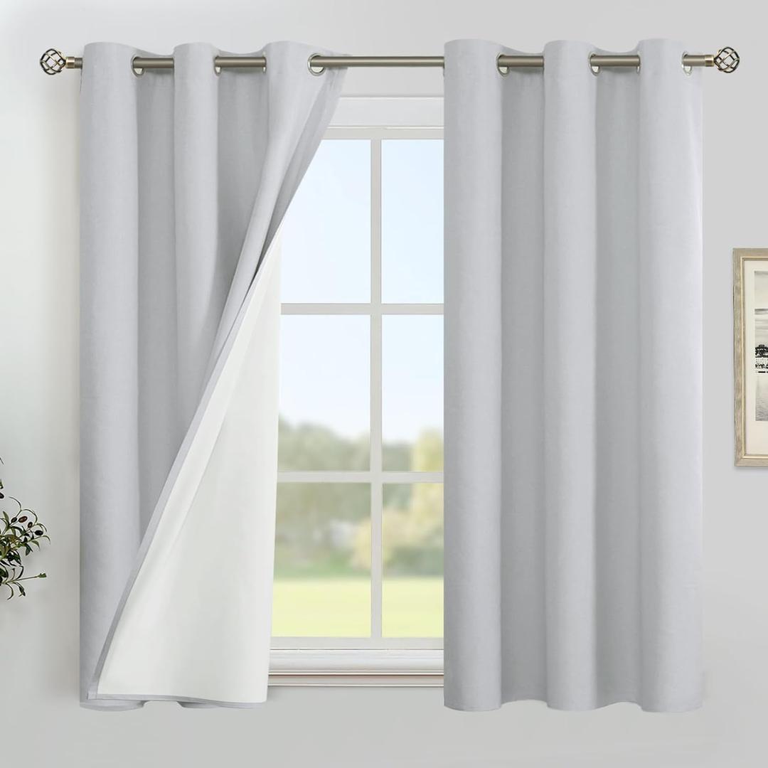YoungsTex Short Linen Blackout Curtains 40 Inch Length, Thermal Insulated Black Out Drapes with Grommet Room Darkening for Bathroom Bedroom Window, Light Grey, 2 Panels, 42 X 40 Inch