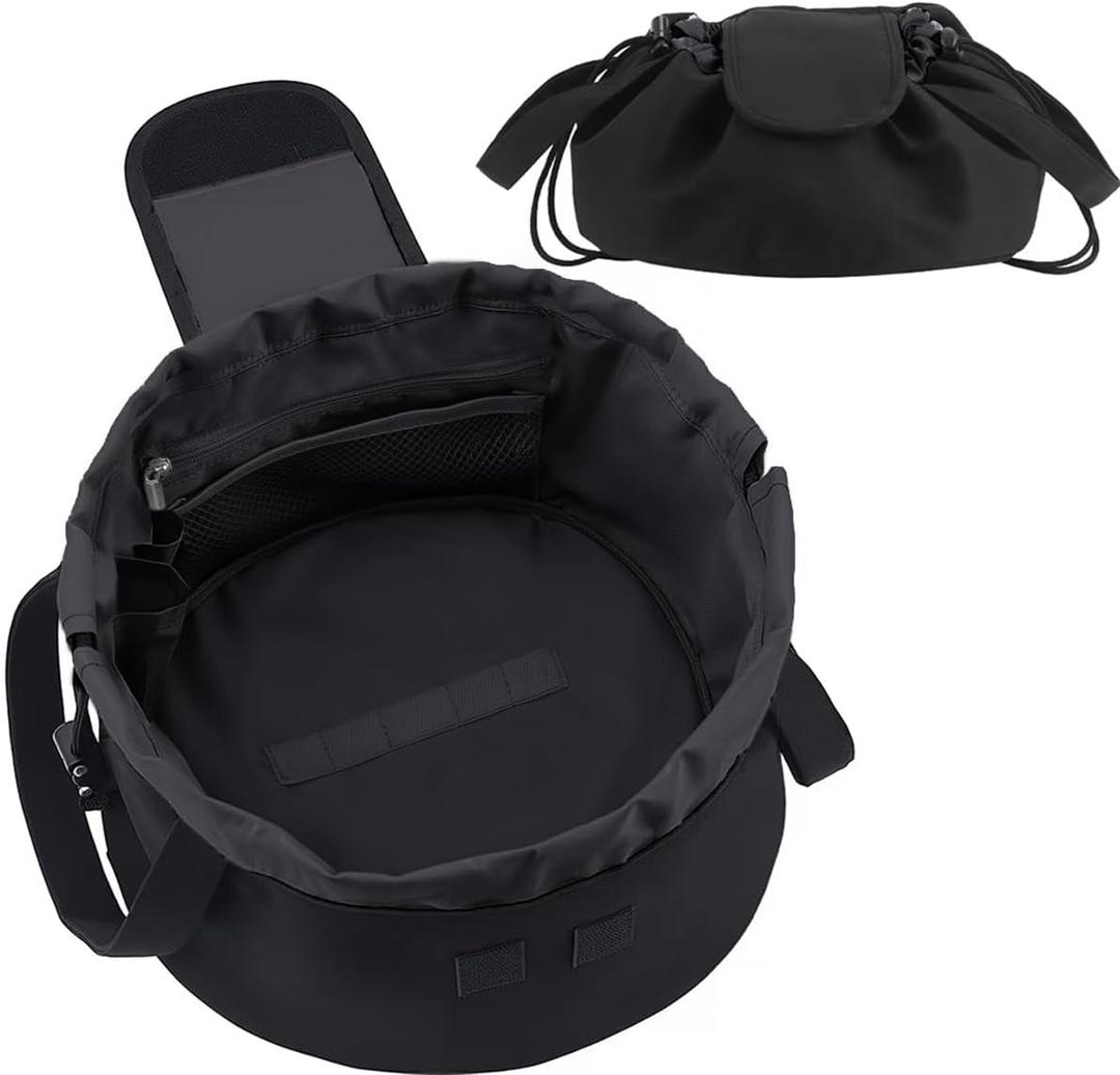 Lay Flat Drawstring Makeup Bag,Travel Cosmetic Organizer for Women,Large Capacity Toiletry Bag,Portable Open-Flat Design for Skincare and Makeup Brushes (Black)