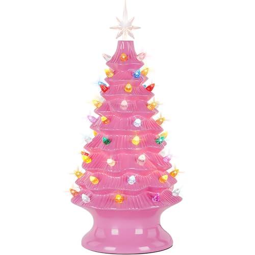 Lakumu 16.5" Table Top Christmas Tree, Hand Painted Resin Christmas Tree with Lights, Pre-lit Xmas Tree Decor Lighted Tabletop Decoration with Multicolored LED Bulbs, Ceramic-Like Finish, Pink