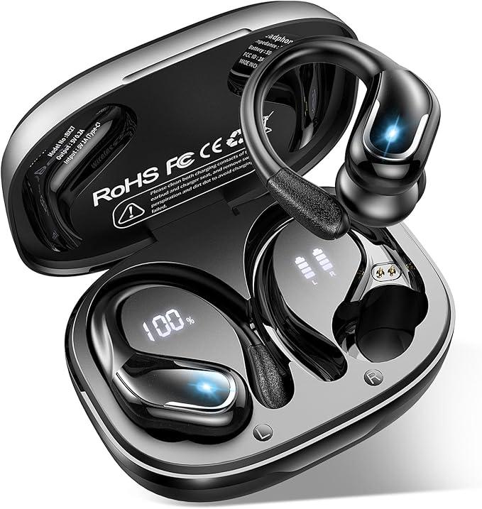 Reekbone BX27 True Wireless Earbuds, Ltinist Bluetooth 5.3 Headphones, Wireless Earphones 75H Playtime and HiFi Stereo Sound with Mic, Dual LED Display, IP7 Waterproof in Ear EarHooks, USB-C, Headsets for Sport, Running, Black
