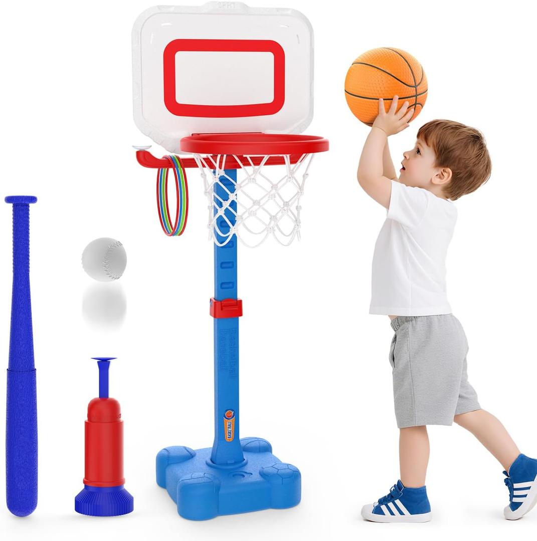 EagleStone 4-in-1 Toddler Basketball Hoop and T Ball Set, Adjustable Height Basketball Hoop,Tee Ball & Ring Toss Toy, Outdoor Indoor Sports Gift for Boys Girls Toddlers Ages 3-8