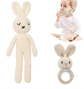 2PC Wooden Baby Bunny Rattle & Crochet Doll Plush Stuffed Rabbit Animals Toy for Newborn Baby 3-6 Months | 100% Handmade Infant Soothe Toys for Sensory and Early Grips Development