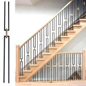 Square 1/2" *44" Wrought Iron Balusters for Interior Staircase, 10 Pcs/Pack（5 Golden Chain Link + 5 Plain） Matt Black, New Design Hollow Iron Stair Railing Balusters.