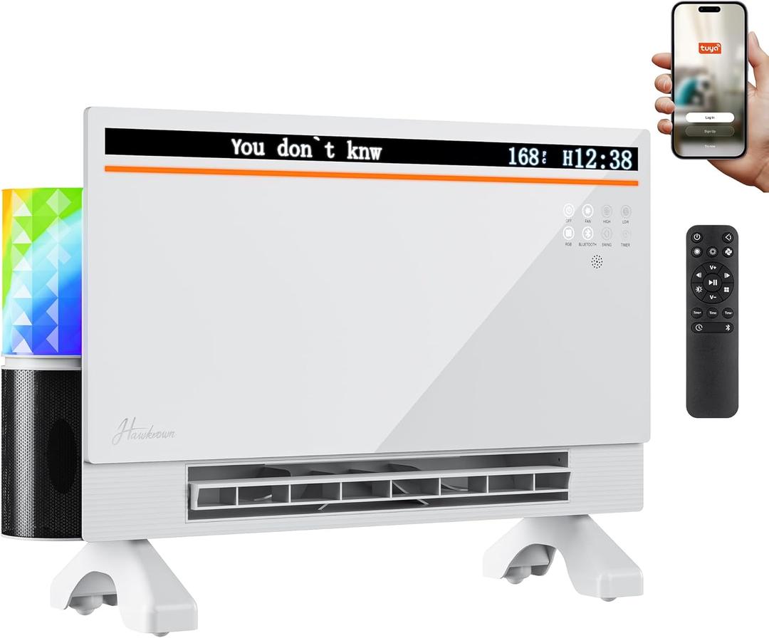Hawkrown 1800W Smart Panel Space Heater with Bluetooth Speaker,Play Music & Lyric Display & RGB Lights, 6-in-1 Heater Fan, App/Voice/Remote/Touch Control, Wall-Mount or Freestanding, Works with Alexa