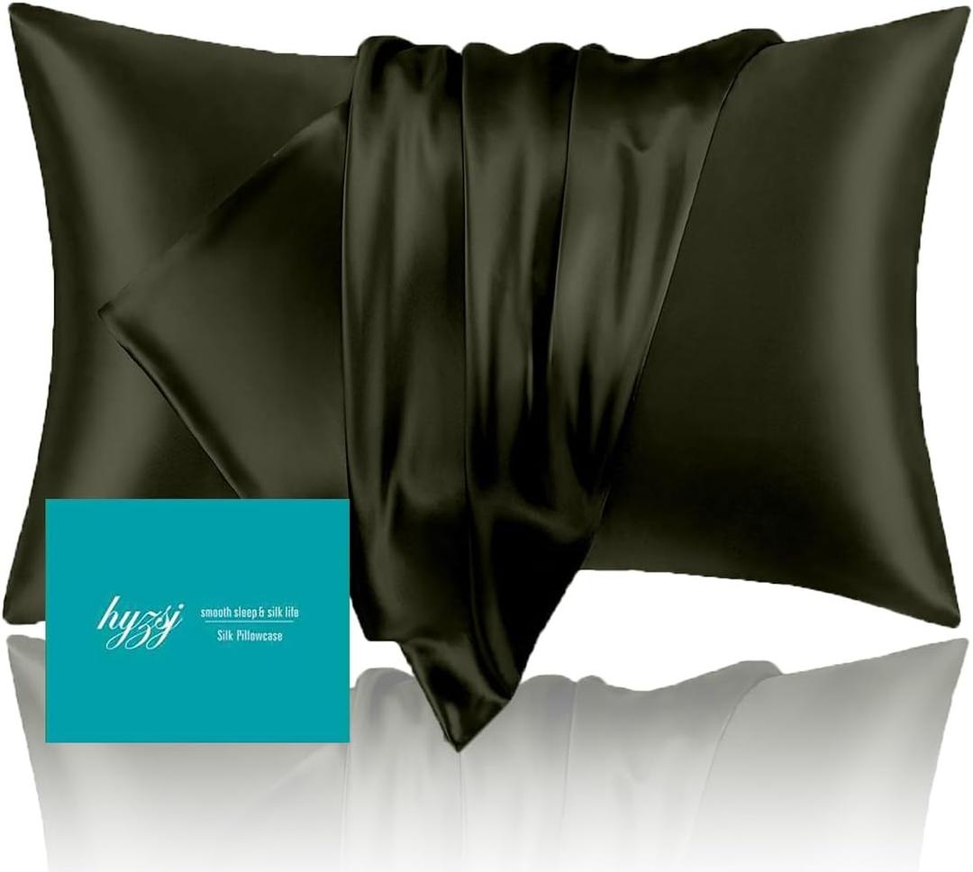 Mulberry Silk Pillowcase for Hair and Skin Queen Size 20"X 30" with Hidden Zipper, Softer Than Silk Pillow Cases Queen Smooth Cooling Pillow Covers for Sleeping(Olive Green,Queen,1Pcs)