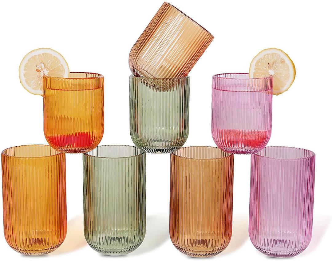 Set of 8 Dopamine-colored-match Ribbed Glassware,4 Highball Glasses 14oz & 4 Rocks Drinking Glasses 9oz, Origami Style, Fluted Design, for Daily use, Water, Cocktail, Whiskey, Kitchen, Gift
