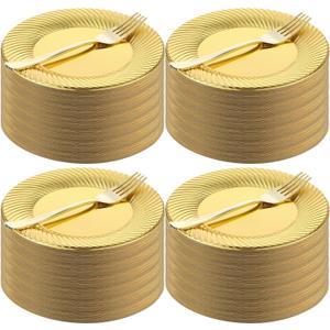 Zhehao 240 Pcs Dessert Plates with Mini Forks for 120 Guests, Includes 120 Set 7'' Disposable Cake Plates and 7.5'' Mini Dessert Forks for Wedding, Birthday Party, Mother's Day(Gold)