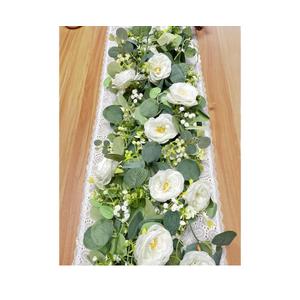 2 Pack 6Ft Artificial Eucalyptus Flower Garland with White Roses, Faux Floral Greenery Garland Fake Flower Vines for Wedding Party Centerpiece Table Runner Arch Party Decor 2PCS,White