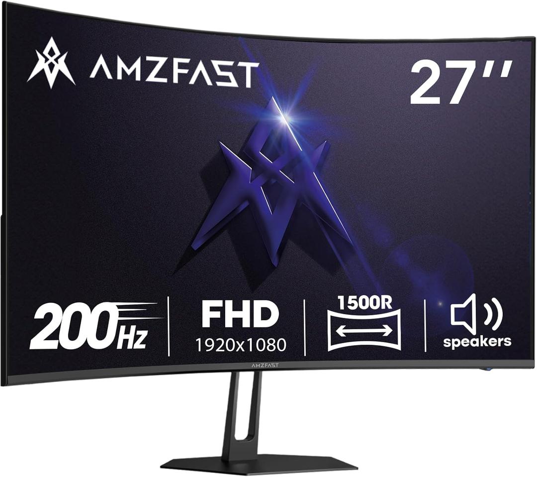 Amzfast 27 inch 200Hz Curved Gaming Monitor, FHD 1080p with Built-in Speakers, FreeSync, MPRT 1ms, 130% sRGB, 3000:1, 1500R, VESA Mount, HDMI 2.0&DP 1.4