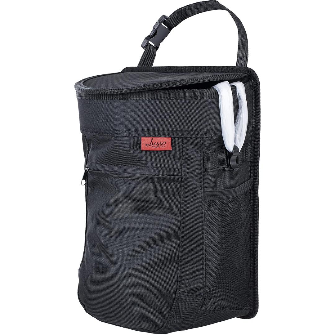 Lusso Gear Car Trash Can - 2.5-Gallon, Black, Round - Leak-Proof & Spill-Proof Lid & Waterproof Removable Liner - Hanging Car Trash Bin & Organizer for SUV, Truck & Minivan (1-Pack Black)