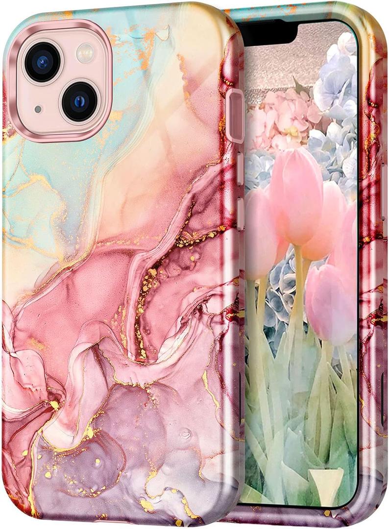 CASEFIV Compatible with iPhone 13 Case, Marble Pattern 3 in 1 Heavy Duty Shockproof Full Body Rugged Hard PC+Soft Silicone Drop Protective Girls Women Cover for iPhone 13 6.1 inch 2021, Rose Gold