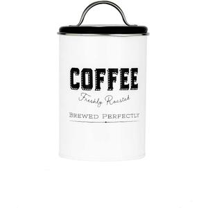 Amici Home Small Coffee Canister, 42 oz Metal Tin with Handle Lid - Rustic & Cottage Home Storage Jar with Typography Design for Beans or Grounds, Farmhouse Kitchen Decor - Great Coffee Bar Decor