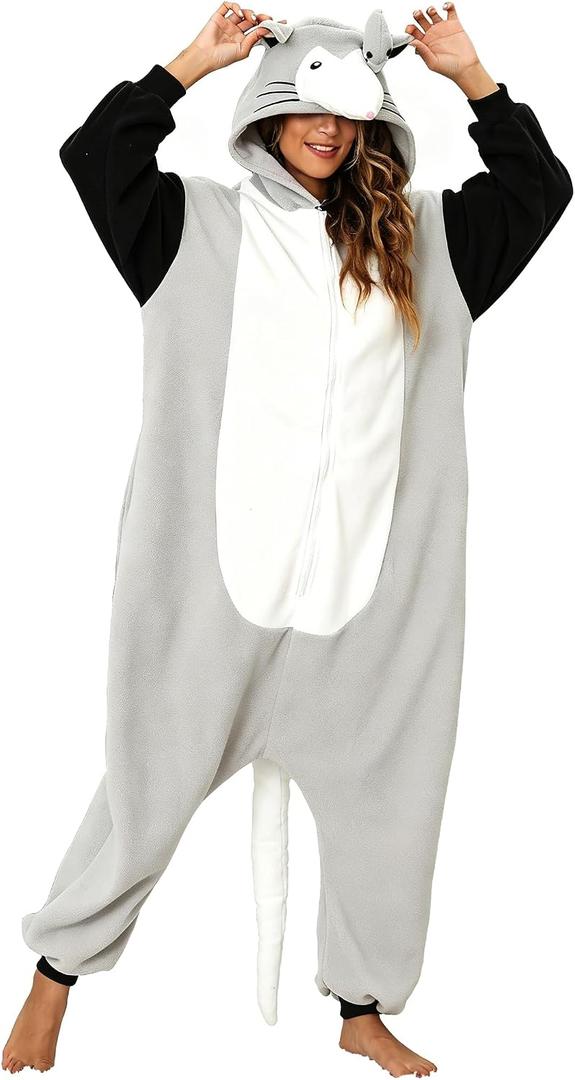 Cute Opossum Onesie Pajamas Adult Halloween Cosplay Christmas Novelty Nightwear Carnival Costume (Gray, M)