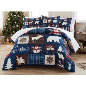 NIDITW 3-Piece Christmas Patchwork Quilt Set Queen Snowflake Deer Pine Tree Snowman Plaid Navy Blue Bedspread with 2 Pillow Shams Soft Lightweight Microfiber Bedding Set Coverlet (Navy Blue, Queen)