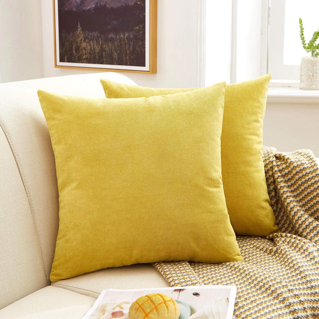 MERNETTE Pack of 2, Thick Chenille Decorative Square Throw Pillow Cover Cushion Covers Pillowcase, Home Decor Decorations for Sofa Couch Bed Chair 18x18 Inch (Grass Yellow)