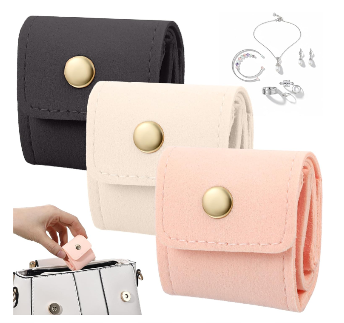 Matwsec 3 Pcs Mini Travel Jewelry Bag Travel Jewelry Organizer Case Portable Foldable Jewelry Roll Bag with Buckle Small Jewelry Box for Necklaces, Rings, Earrings, Women
