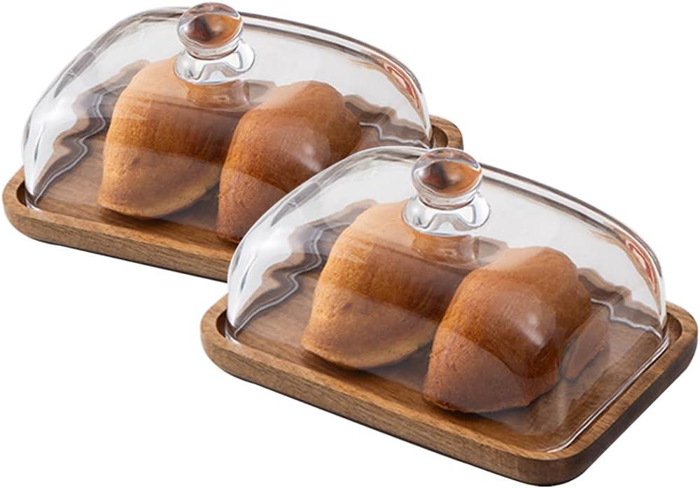 2 Pack Rectangular Wooden Cake Stand, 4 x 6.3 Mini Cake Plate Holder with Clear Glass Bell, Cake Display Server Tray for Kitchen, Birthday Parties, Weddings, Baking Gifts