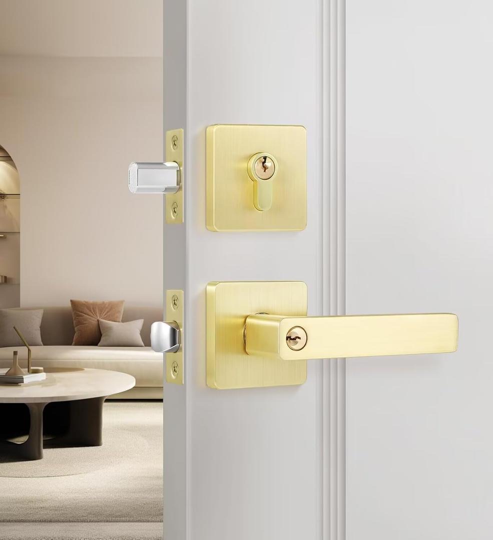 Leydebong 1 Pack Gold Door Handleset with Single Cylinder Deadbolt Entry Lever Door Handle and Deadbolt Lock and Key Combo Pack Heavy Duty Door Lock for Left or Right-Handed Doors