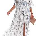 ANRABESS Women’s Summer Loose Boho Flowy Wrap V Neck 3/4 Sleeve Floral Print Slit Beach Wedding Guest Long Maxi Dresses XL