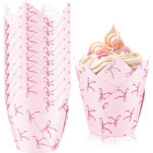 200 Pcs Pink Bow Tulip Cupcake Liners Bow Tulip Muffin Baking Liners Coquette Cupcake Wrappers for Birthday Bridal Baby Shower Wedding Party Supplies