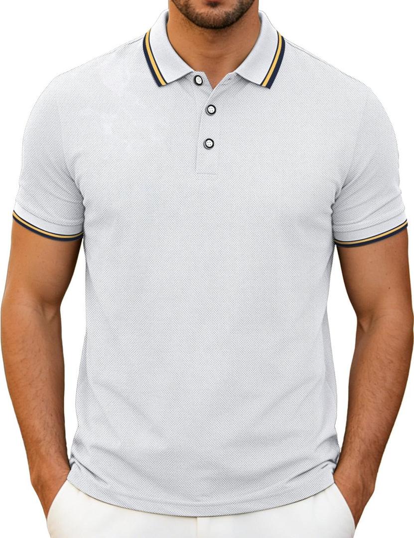 Men's Golf Polo Shirts Short Sleeve Striped Casual Polo Shirts for Men Dry Fit Tennis T-Shirt Tops (White, S)
