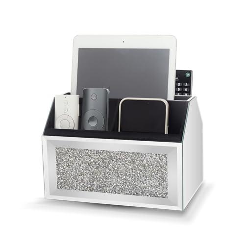 SWTHONY 360 Rotating TV Remote Control Holder Storage Caddy for Pad Phone Pen and Pencils, Makeup Brush, Silver Crushed Diamond Desk Organizer for Bedroom Livingroom