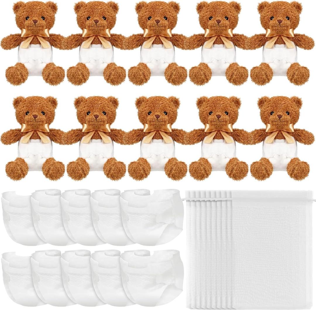 10 Sets Bear Blindfolded Diaper Changing Coed Baby Shower Games Kit Baby Dolls Bears Diapers for Bridal Shower Gender Reveal Games Prizes Gifts for Adults Boys Girls (Dark Brown)