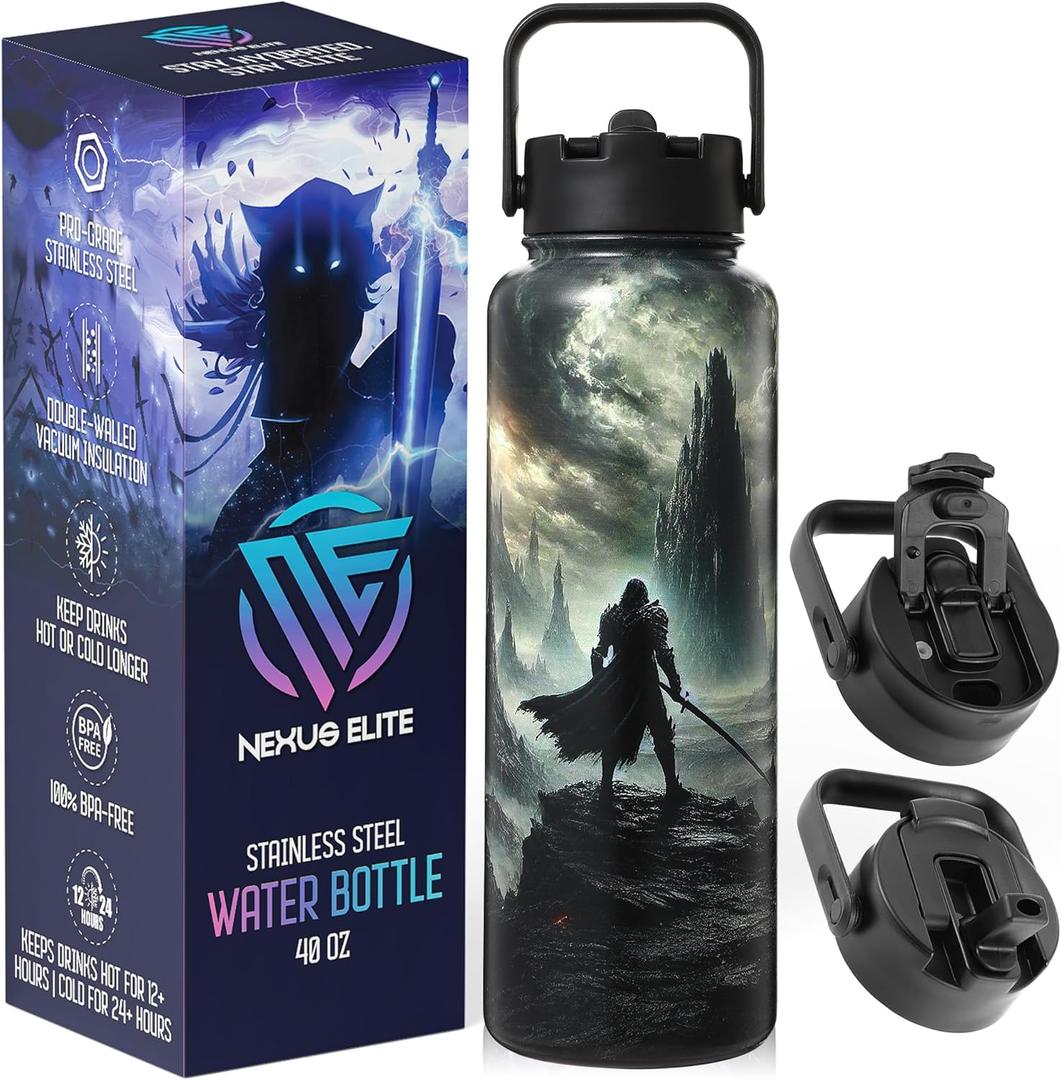Anime Water Bottle 40 oz Shadowlands Collector Edition, Insulated Stainless Steel Bottles with Straw for Men & Boys, Leakproof Teens & Kids Tumbler, Gaming Birthday Gift for Anime Fans Mens & Gamers