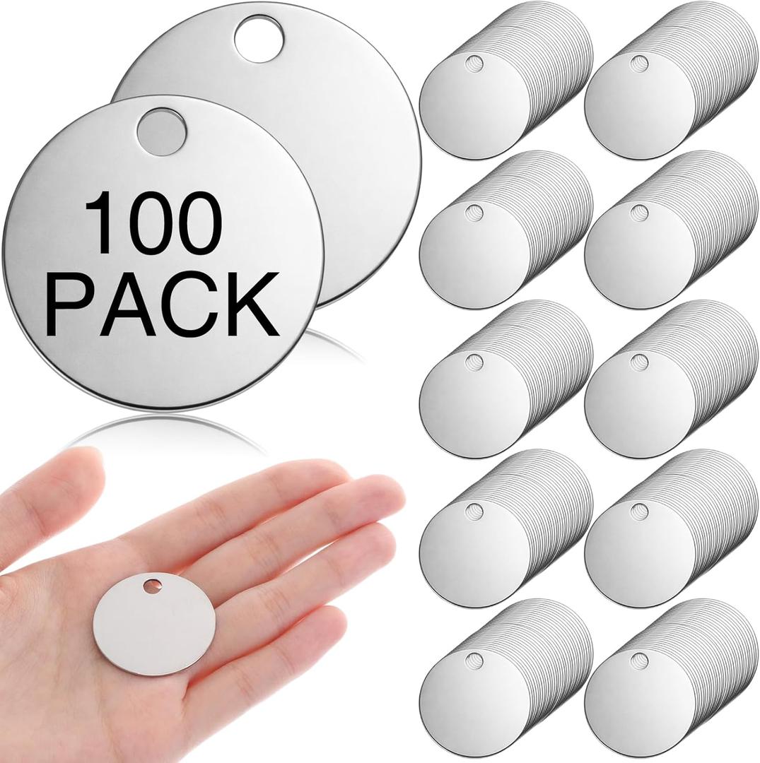 Hicarer 100 Pcs Solid Tags for Stamping Round Key Tags Blanks with Hole for Pets Plants Doors Pipe Valves Equipment Tool and Keys Labeling (Silver, 1.25 Inch)