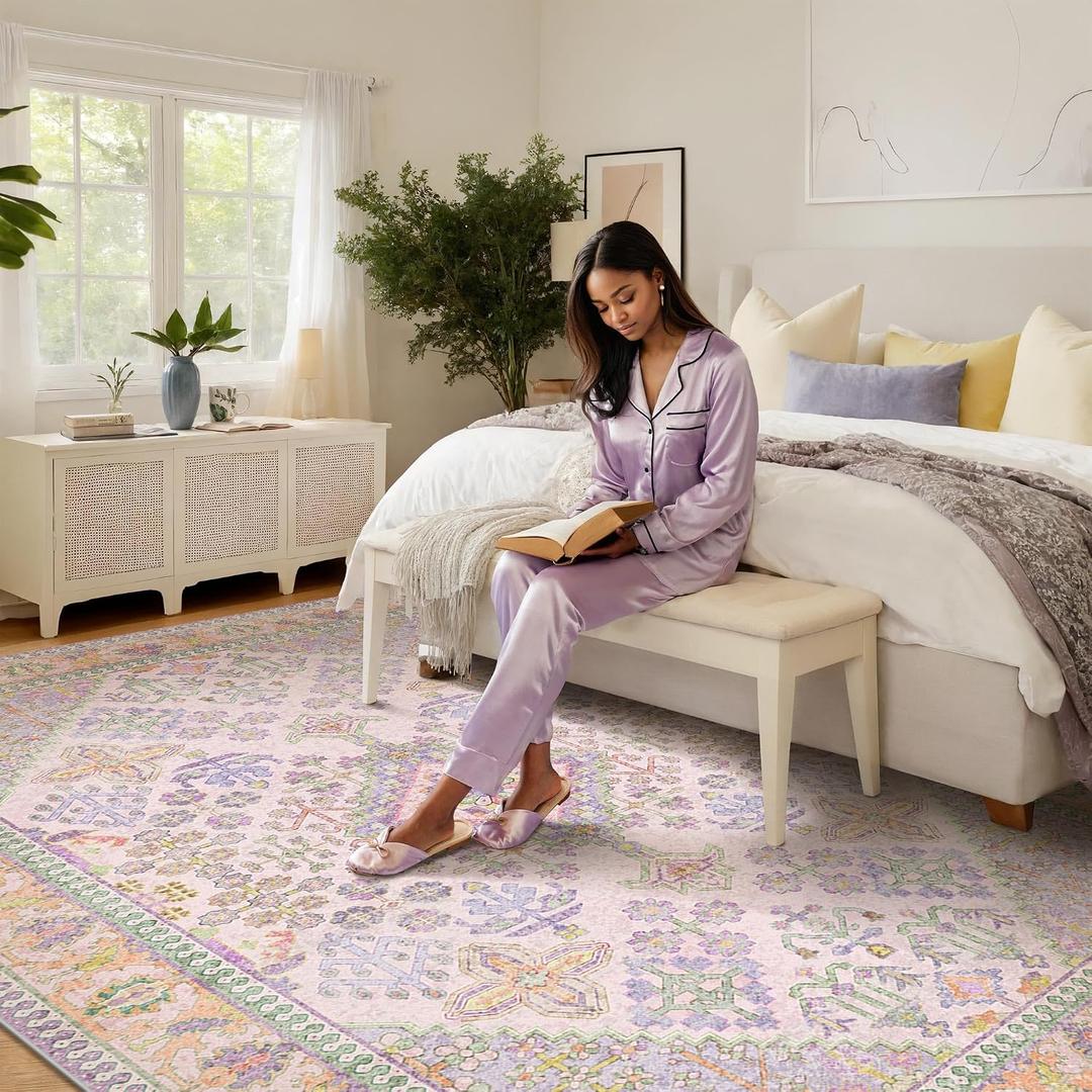 6x9 Area Rugs for Living Room, Machine Washable Low Pile Rug, Non Slip Backing Boho Rugs for Bedroom, Printed Soft Vintage Carpet Lilac Lavender Purple 6 x 9