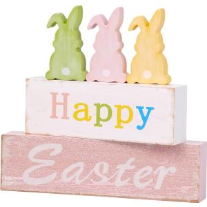 Wooden Easter Bunny Sign Decorations, 5 Piece Happy Easter Blocks for Tiered Tray, Table Centerpiece, Mantel Home Decor