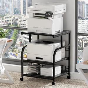 Lerliuo Large Printer Stand with Storage, 23.6"W x 18.9"D x 30.2"H, 5-Adjustable Shelf Heights Mobile 3 Tier Table with Lockable Wheels, Industrial Rolling Printer Cart, Black Stands for Home Office