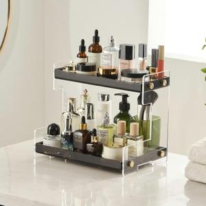 FFK Bathroom Organizer Countertop,2 Tier Bathroom Counter Organizer Kitchen Spice Rack Cosmetic Organizer,Countertop Storage Shelf for Bathroom, Kitchen, Living Room, Bedroom, Dressing Table (Acrylic, Black)
