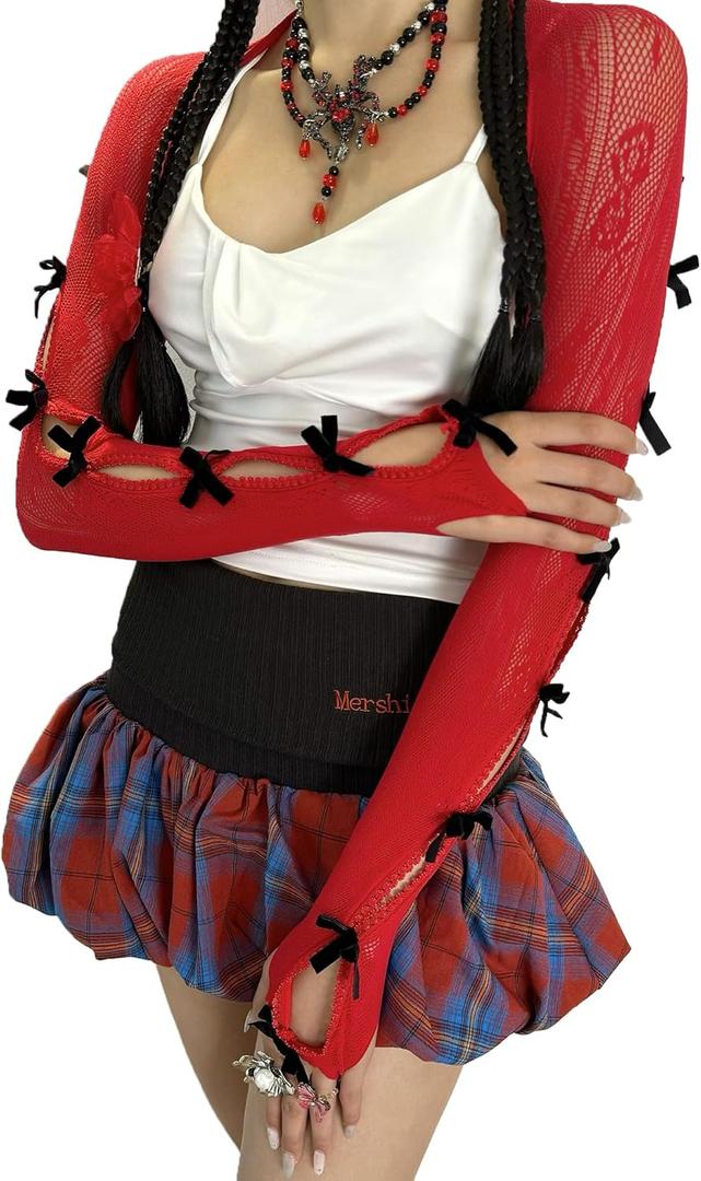 Women's Mesh Lace Shrug Crop Top Y2K Aesthetic Grunge Arm Sleeves Cardigan with Bow Going Out Shirts Summer (Red 1)