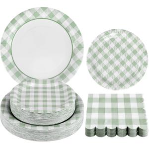 150Pcs Sage Green Gingham Party Supplies Green Gingham Paper Plates and Napkins Green Plaid Plates Disposable Greeny and White Plaid Party Decor for Birthday Family Picnic BBQ Party,Serves 50 Guests