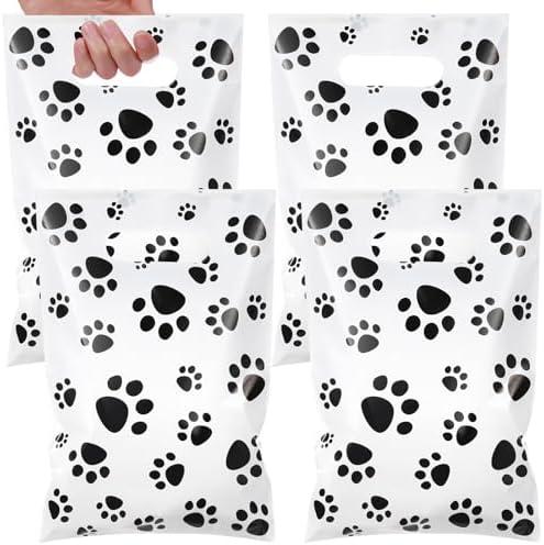 Pasimy  Dog Paw Gift Bags Bulk Pet Paw Puppy Plastic Treat Favor Candy Goodie Bags with Handle for Dog Birthday Party Decoration Supplies(White,Black)