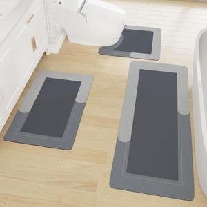 Bathroom Rugs Set 3 Piece, Bath Mat with Toilet Mats U-Shaped Non-Slip Water Absorbent Rubber Bathroom Mats for Tub, Shower and Bathroom 20"x32"+20"x47"+20"x24", Grey