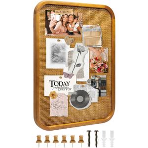 18" x 24" Bulletin Board, Round-Edged Rectangle Rattan Corkboard, Wooden Frame Boho Style Wall Organizer,4560Teng