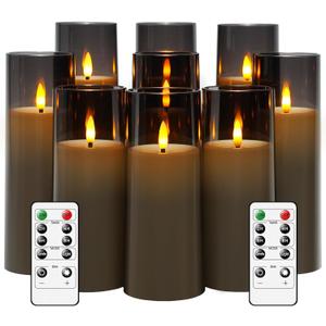 Kakoya Flickering Flameless Candles Battery Operated with Remote and 2/4/6/8 H Timer Plexiglass Led Pillar Candles Pack of 9 (D2.3 xH5.5 6.5" 7.5") with Realistic 3D Wick Candles for Home Decor(Grey)