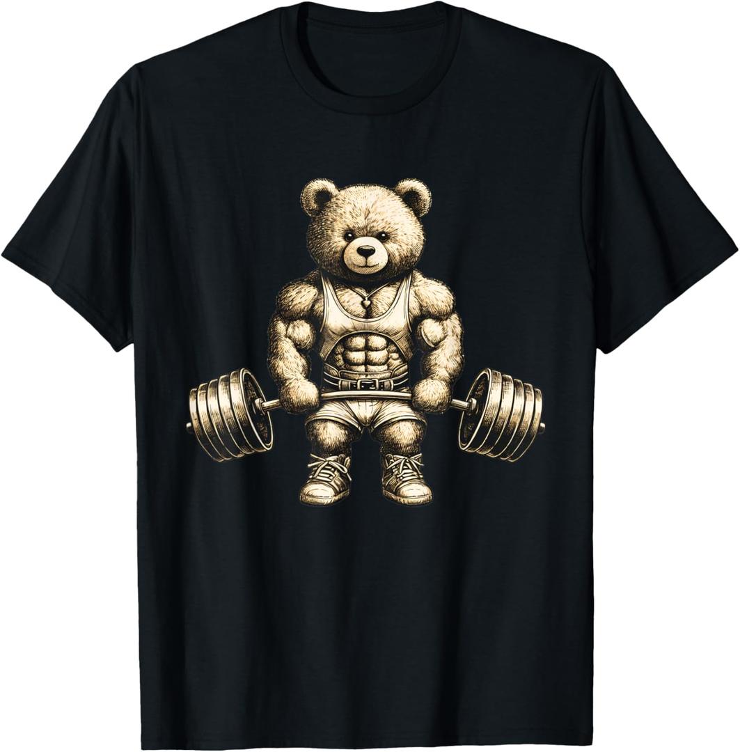 Funny Teddy Bear Lifting Weights Gym Workout Animal Shirts T-Shirt M