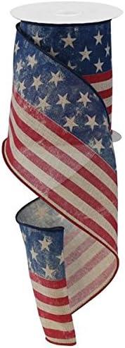 Craig Bachman 4" x 10 Yards Stars and Stripes Royal Burlap Ribbon, Wired Edge American Flag Patriotic Ribbon for Fourth of July Wreaths, Bows, DIY Crafts, RG1917A7