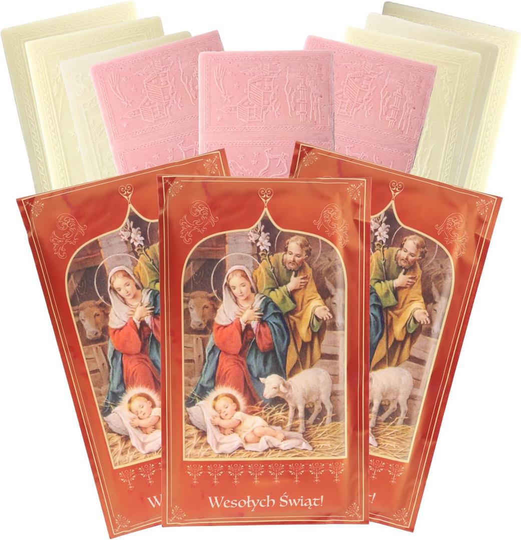 Oplatki Christmas Wafers, 2 White 1 Pink with Decorative Envelope, Polish Wigilia Tradition, Pack of 3, 7 inches x 3.75 inches