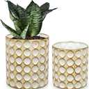 DILATATA 6 Inch+5 Inch Rustic Metal Vase Flower Pot with Dot Texture Vintage Gold and White Metal Planter Multi-Use Container for Flower Planter Succulent Plant Container-Set of 2