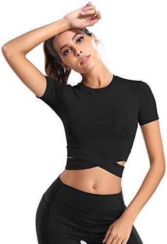 DREAM SLIM Short Sleeve Crop Tops for Women Tummy Cross Fitted Yoga Running Shirts Gym Workout Cropped Tank Tops, S