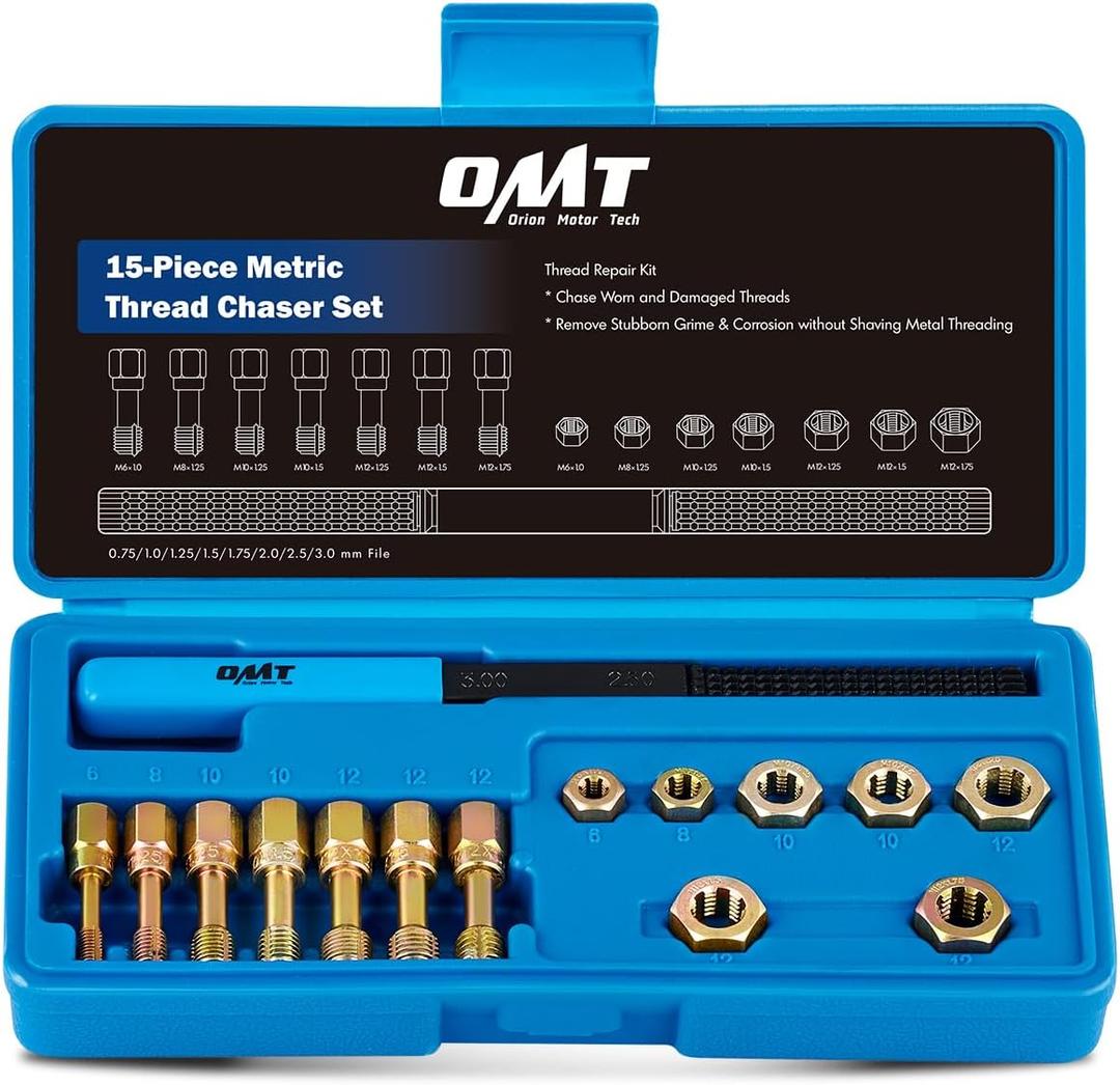 Orion Motor Tech 15 Piece Metric Thread Chaser Set, Master Thread Repair Kit Includes 7 Taps 7 Dies 1 Thread File, Universal Rethreading Kit Thread Restorer Tool Set in M6 M8 M10 M12 Sizes