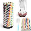 360 Rotating Straw Container with 100 Party Straws, Large Acrylic STRAW Dispenser for Counter, Cabinet straw Holder Organizer for Bar, Kitchen, Office Drinking straw Dispensers