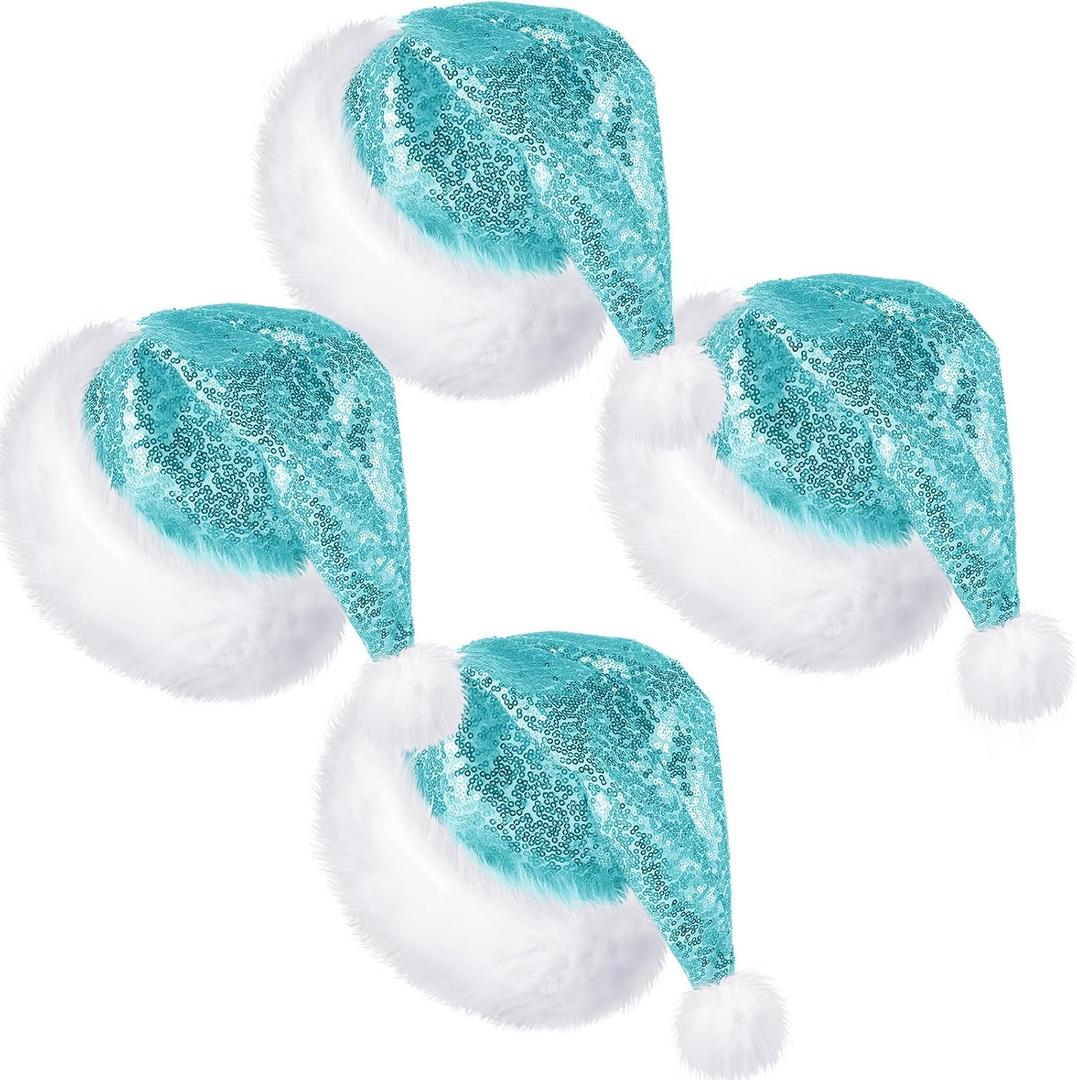 4 Pcs Adult Sequin Santa Hat Unisex Shiny Christmas Santa Claus Hat with Lining Plush Brim for Women Men (Lake Blue)