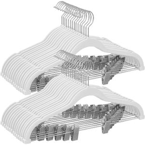 SONGMICS 30-Pack Pants Hangers, 16.7-Inch Long Velvet Hanger with Adjustable Clips, Heavy-Duty, Non-Slip Skirt Hangers, Space-Saving for Pants, Skirts, Coats, Dresses, White UCRF012W02