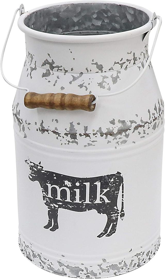 Metal Big Cow Galvanized Milk Can with Wooden Handle, Rustic White Farmhouse Vase Planter, Primitive Decorative Flower Holder for Home Wedding Table Centerpiece Decor Large - 11"
