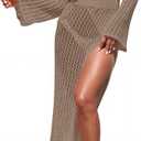 Saodimallsu Womens Crochet Beach Cover Ups Set 2 Piece 2026 Boat Neck Crop Long Sleeve Tops High Slit Maxi Skirt Sets (M)